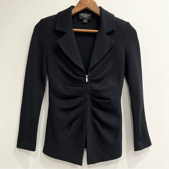 St. John Collection Milano Knit Ruched Zip-Front Blazer Black Wool Blend Size 2 - Picture 1 of 8
